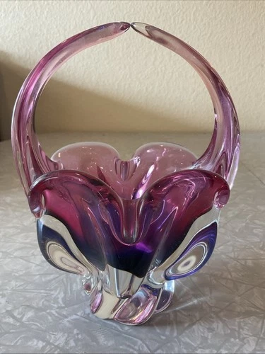 Vintage Hand Blown Murano Italy Glass Handled Basket - Red Pink Blue