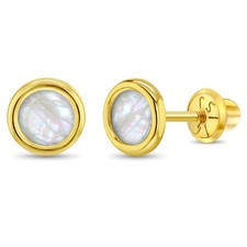 14k Gold Mother of Pearl Bezel Kids / Children's Earrings Safety Screw Back