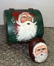 VTG Hand Painted Hinged Wood Christmas Trinket Box W/Santa Claus Face & Rock 95