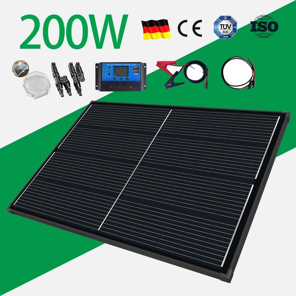 200 Watt 12V Monokristallin Schwarz Solarpanel Solarmodul Photovoltaik Wohnmobil-image