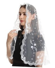 Catholic Chapel Veils for Women: Traditional Long D Shaped Lace White 01