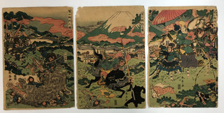 Shuntei Woodblock print Triptych: Hunting at Mount Fuji Ukiyo e Samurai Big boar