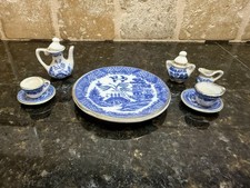 Antique Miniature Ceramic Tea Set  10 pcs BLUE WILLOW Blue  White w/Gold Trim