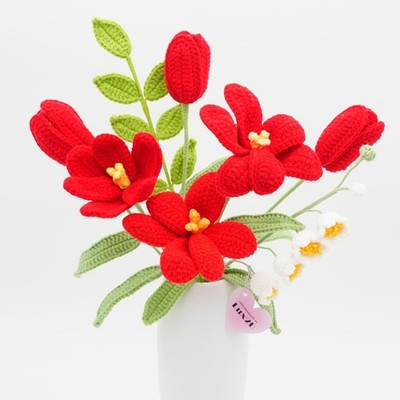 Handmade Crochet Flowers, Crochet Tulip Flowers with Leave and Long Stem, Assort