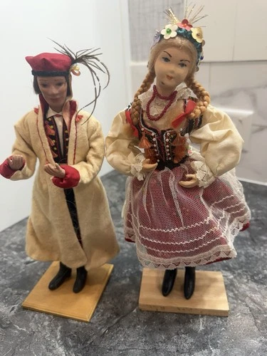 Vintage Polish Folk Art Dolls Pair Krakowiak Costume Sukmana Coat 10" - product listing photo