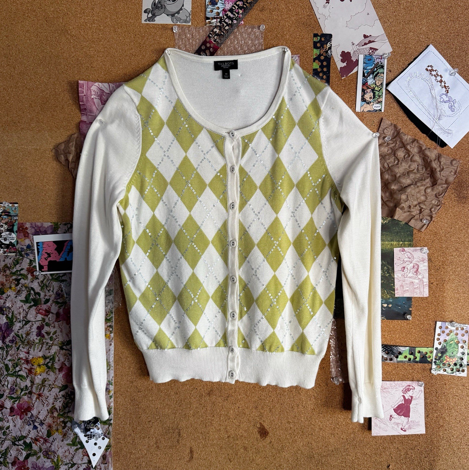 Talbots Petites Argyle Sequin Button Cardigan Swe… - image 1