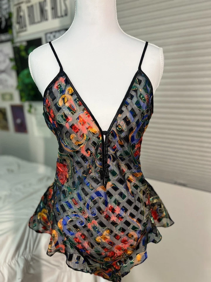 Peluche Vintage Etiqueta Dorada Victoria’s Secret M Floral Malla Transparente Negro Multicolor Foto 4 de 4