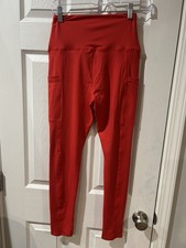 Women's Red Ankle Leggings Small-Medium Stretch Pockets Polyester Spandex
