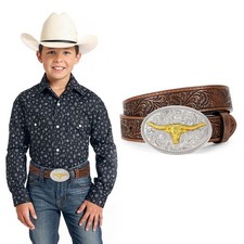 Western Belt for Boys Girls, Embossed Genuine Leather Cowboy Cowgirl Belt for...