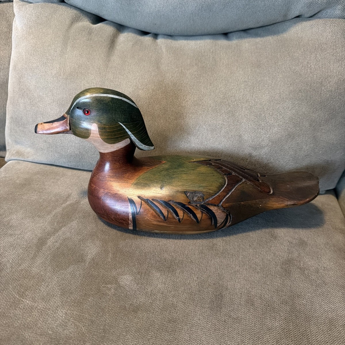 RARE VINTAGE TOM TABER HAND CARVED DRAKE WOOD DUCK DECOY! SIGNED