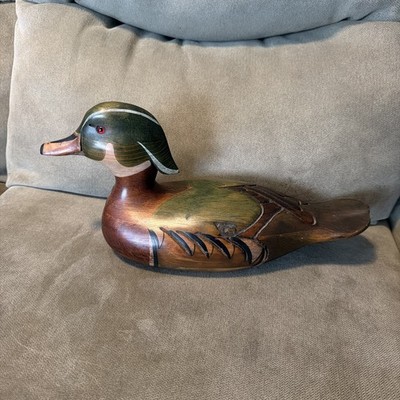 RARE VINTAGE TOM TABER HAND CARVED DRAKE WOOD DUCK DECOY! SIGNED