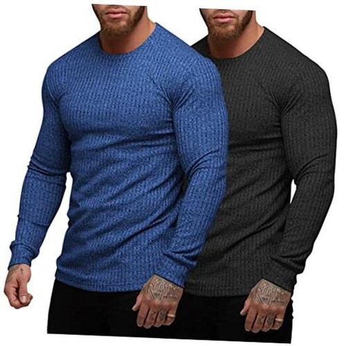 Men's 2 Pack Muscle T-Shirt Stretch Long Sleeve Gym Workout Bodybuilding