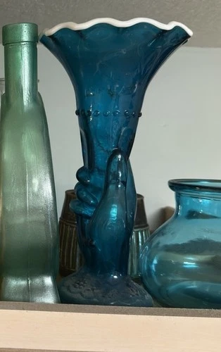Fenton Turquoise Hand Torch Snow Crest Vase