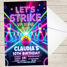 Personalised Bowling Birthday Party Invitation A6 Girls Boys Kids Party Strike