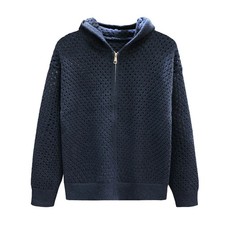 Winter Men'S Casual Solid Color Breathable Hollow Hooded Cardigan Knitted Sweate