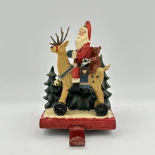 Holiday Home Santa On Reindeer Woodland Christmas Stocking Hanger Pine Trees