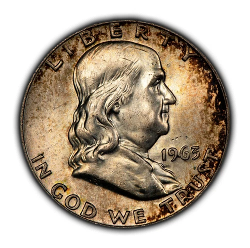 1963-D 50c Franklin Silver Half Dollar - Colorful Speckled Toning - BU - H2369