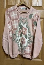 Vintage 90s Medium Floral Hand Knit Sweater Chunky Weave Cottagecore Granny Y2K