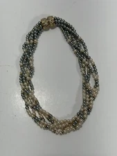 White & Silver-Blue Faux Pearl Six Strand Necklace Chocker Vintage Etch 2 Prym