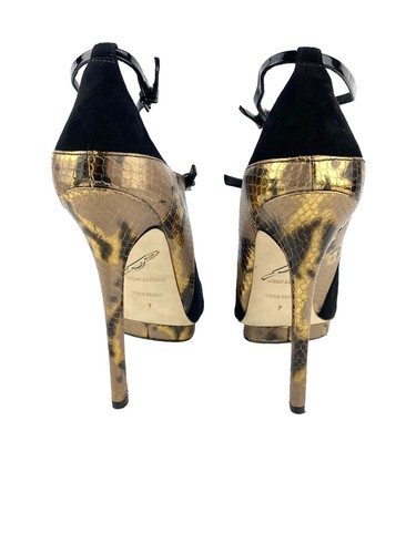 Brian Atwood Campisa Black Suede Patent Leather Bronze Snakeskin Print Heels S 7 - Picture 7 of 12