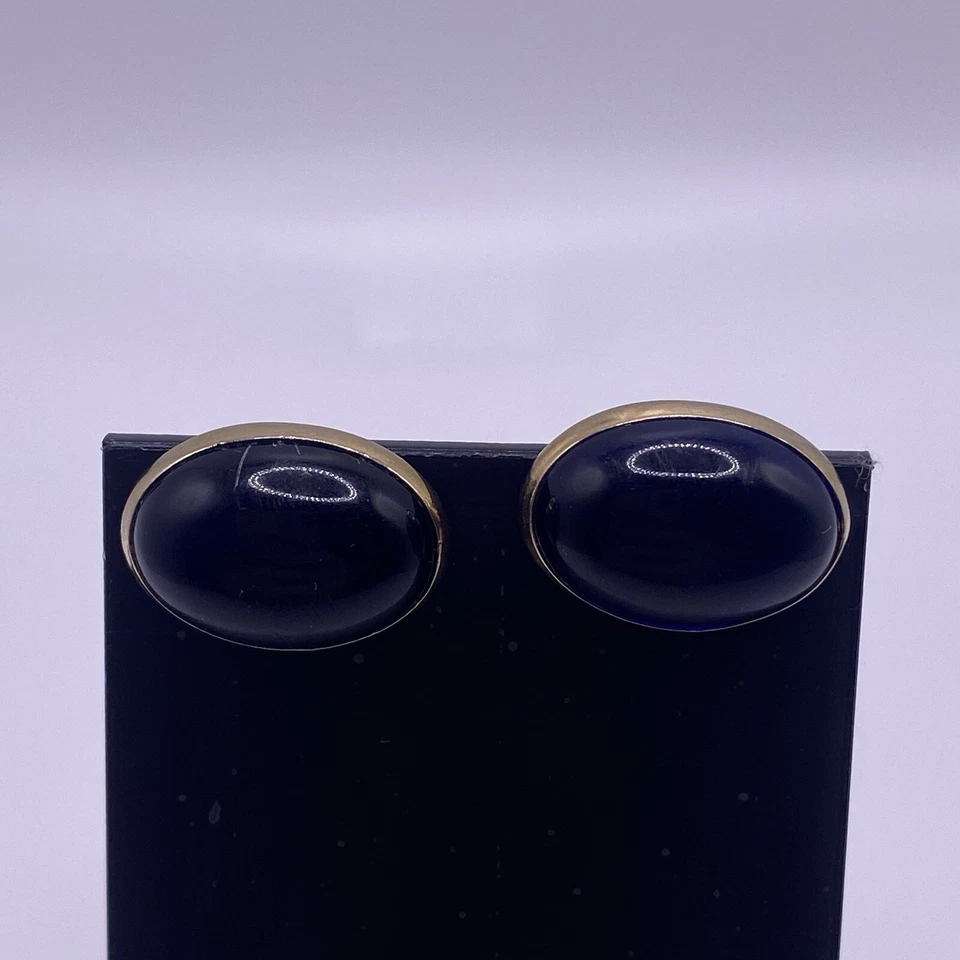 Gemelos elegantes firmados Swank azul lucite lámina trasera ovalados cabujón tono dorado de colección Foto 2 de 4