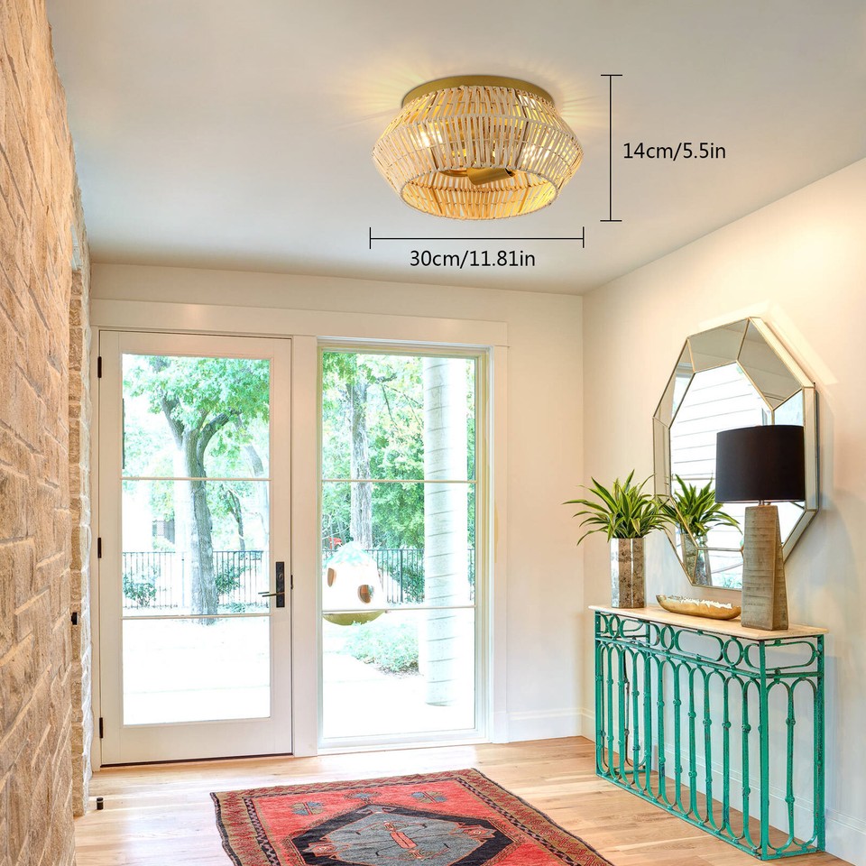 Natural Rattan Ceiling Light Fixture Iron Baking Paint Finish For Foyer