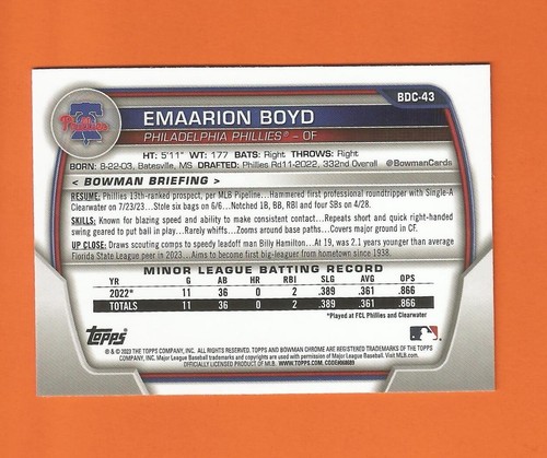 2023 BOWMAN CHROME DRAFT SKY BLUE REFRACTOR EMAARION BOYD #BDC-43 PHILLIES - Picture 2 of 2