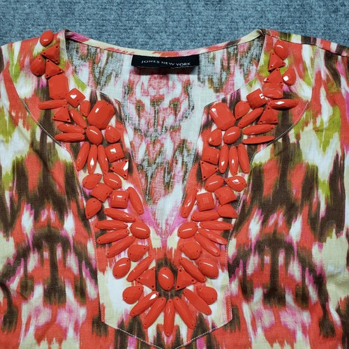 Jones New York Tunika Bluse Damen S rot abstrakt 3/4 Arm Ausschnitt Perlen Leinen - Bild 2 von 9