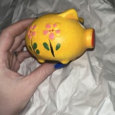 Hucha de cerdo de cerámica vintage hocico amarillo flower power