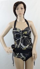 TEAM REALTREE camouflage black swim halter tankini Top  boy belted shorts, M
