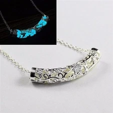 Glow in the Dark 1-3/4" Scroll FLORAL TUBE Dangle Pendant 16" Necklace Luminous