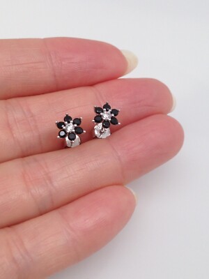 Sterling Silver 925 Tiny Cz Black Flower Stud Earrings 6mm