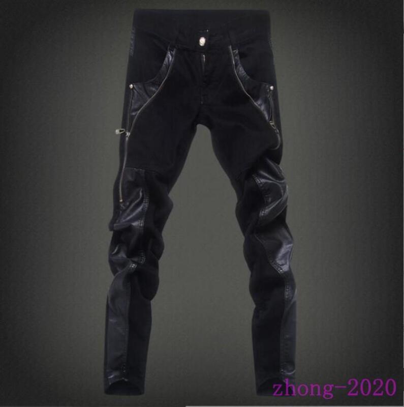 Mens Faux Leather Punk Motorcycle Casual Slim Fit Long Pants Zip