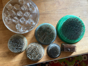 Lot 7 Vintage flower frogs, metal, plastic, glass-Vogue, unbranded -etc