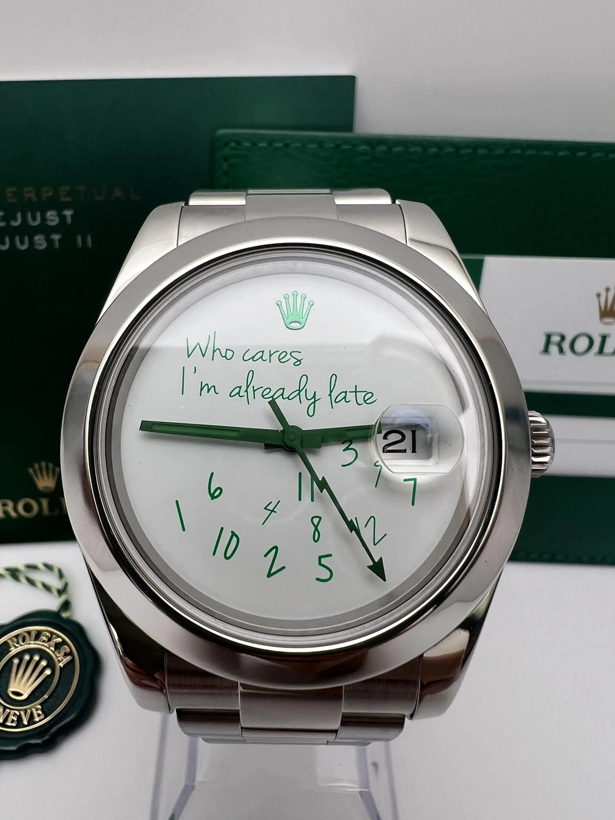 Rolex Datejust 41mm 116300 Who Cares I'm Already Late Green Dial & Hands Papers