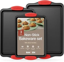 Baking Pan Set – 3 Piece Cookie Sheet – Deluxe Black Non-Stick Carbon Steel – Si