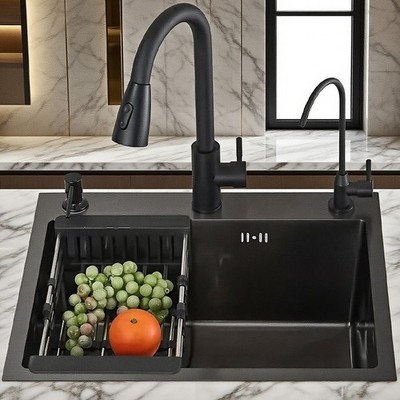 Balck Kitchen Sink Single Bowl Stainles Steel Home Workstation W/Pull-out Faucet
