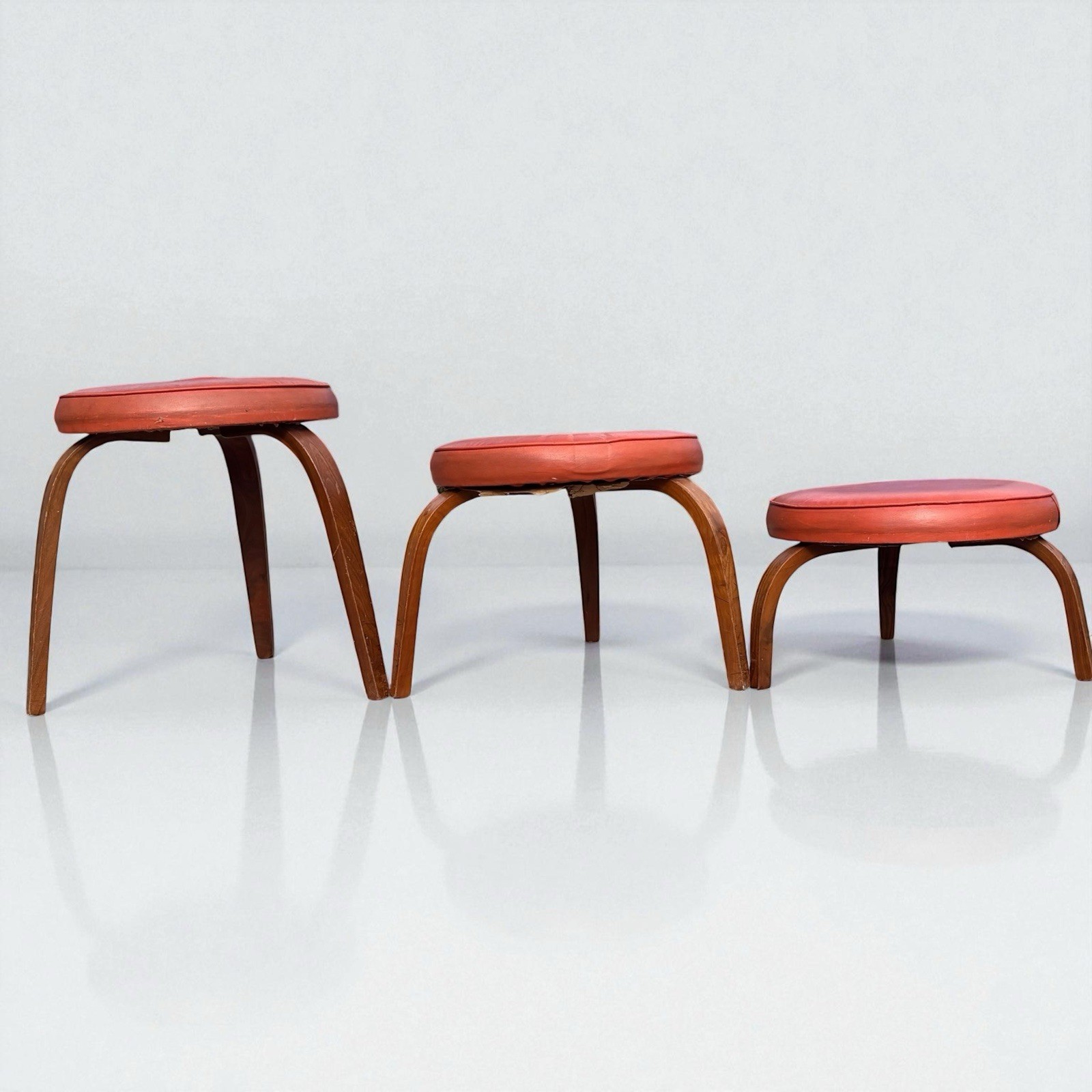 3 Vintage MCM Thonet Bentwood Nesting Stools Mid Century Stacking Orange Vinyl