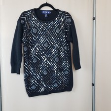 Vintage Black Sequin Sweater Sz M Silk Angora Blend Geometric Party Cocktail