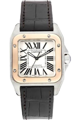 CARTIER SANTOS 100 Medium S/Steel & Rose Gold w/ Silver Dial 33x44mm W20107X7 A+