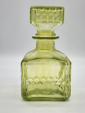 Pressed Light Green Glass Decanter With Square Stopper Diamond Pattern 6.5"