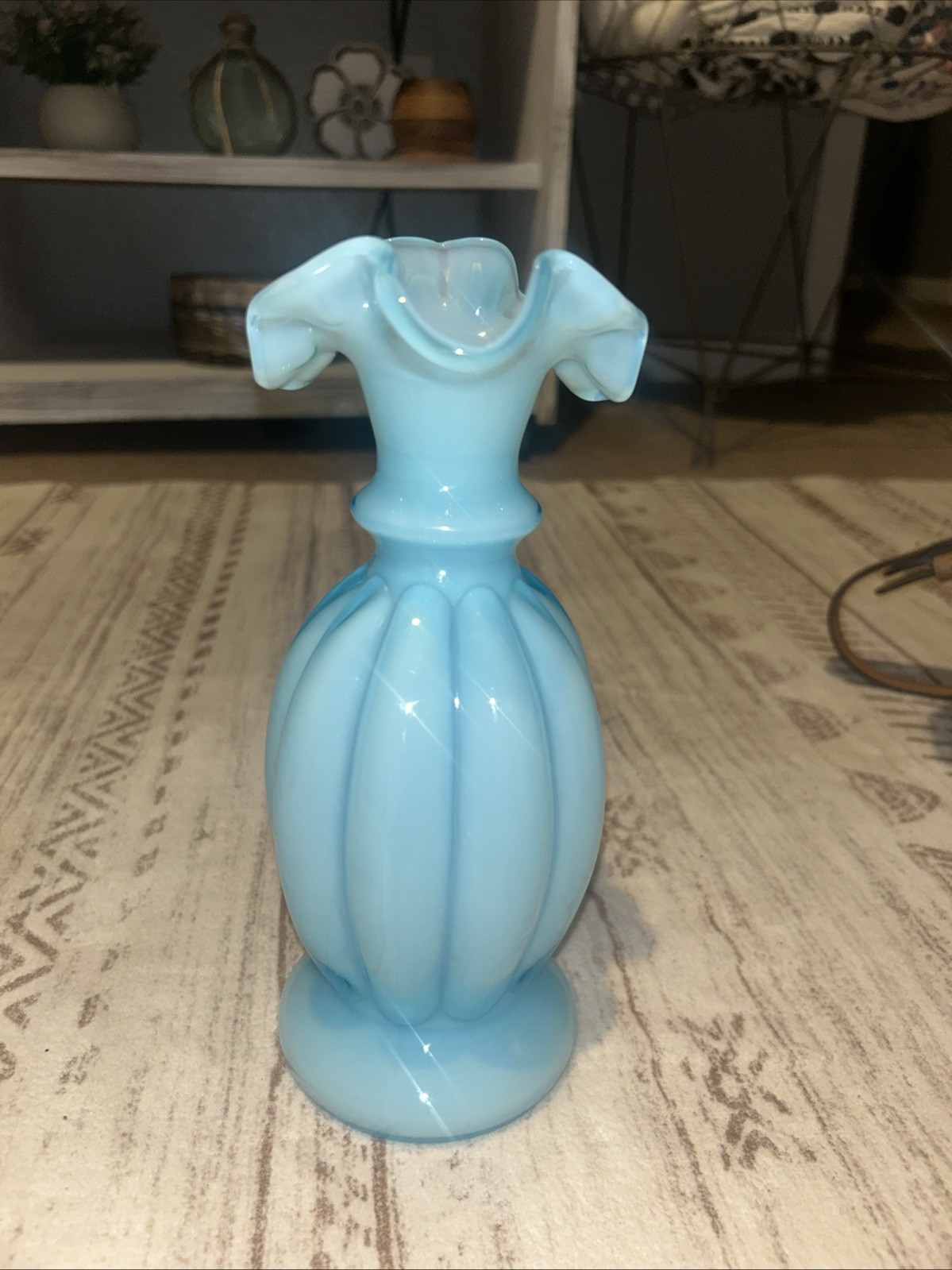 Fenton Light Blue Overlay Melon Ruffled Edge Pitcher Vase With Handle