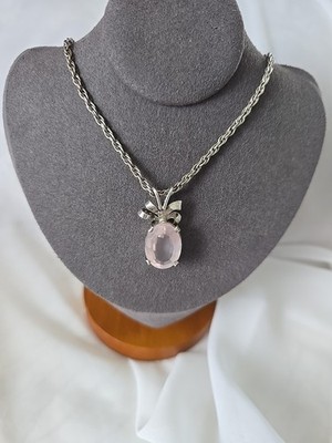 Large Oval Rose Quartz Sterling Pendant Pineapple Setting 24'' Rope Chain 