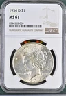 1934-D Peace Dollar NGC Certified MS61