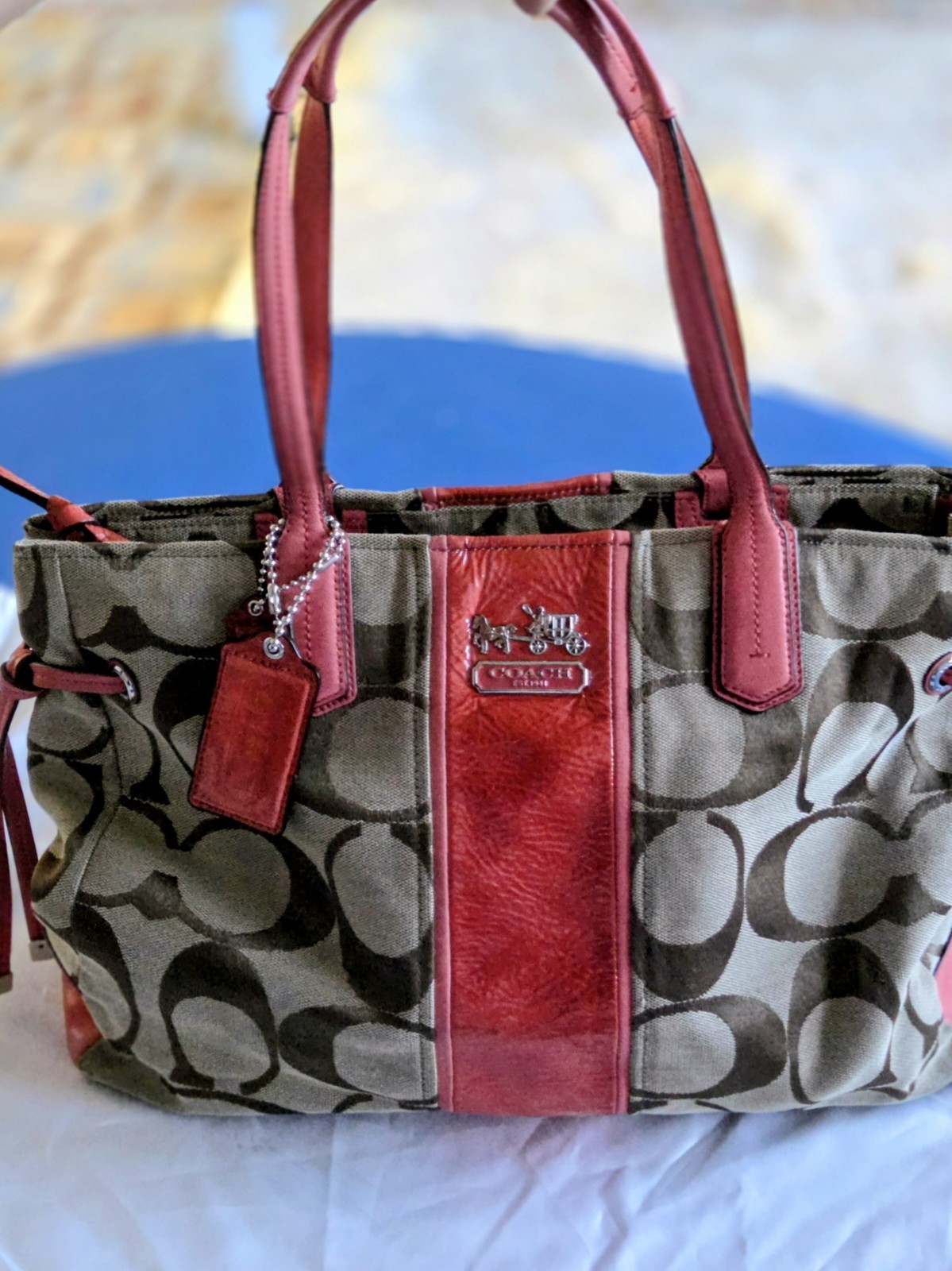 Coach Chelsea Coral Stripe Charlie Tote with Dust Bag  