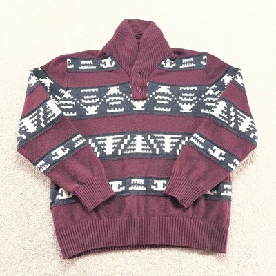 American Eagle Shawl Collar Sweater Mens XL Burgundy Southwestern Pattern Knit