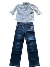 NEW Tommy Hilfiger Boy's Stretch Slimy Dark Blue Denim Jeans Pants 7 Shirt 7 SET