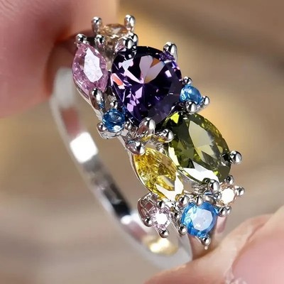 Ring Silber Bunte Zirkonia Steine Funkelnd Damen Gr. 55-63 Versilbert Bandring