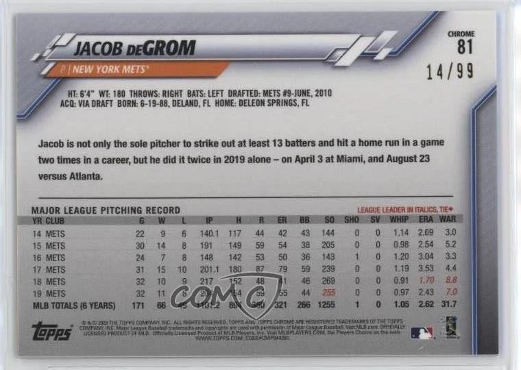 2020 Topps Chrome Ben Baller Edition Green Refractor /99 Jacob deGrom #81 - Image 2 of 2