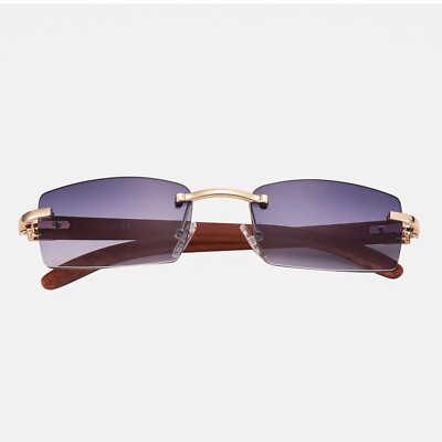 Rimless Purple Gradient Tint Gold Frame Woodgrain Men's Hip Hop Sunglasses 